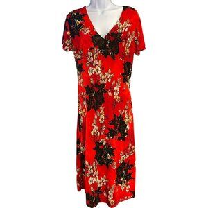 Vintage 1990s Check it Out Red Black Gold Floral Baby Doll Midi Dress Large